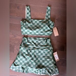 Albion fit high waist swim skirt Size M green check print NWT